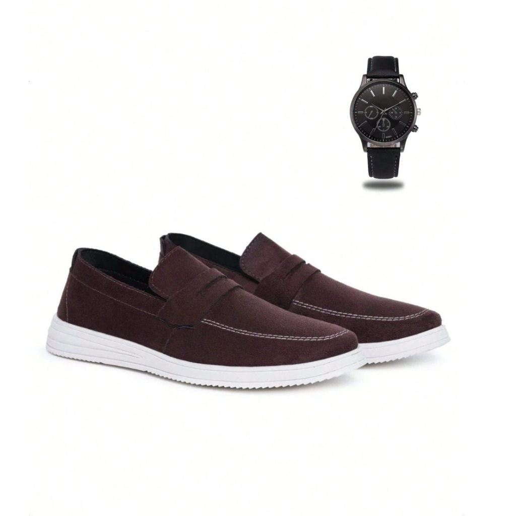 Mocassim Casual Masculino Oxford + Relógio de Ponteiro