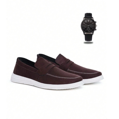 Mocassim Casual Masculino Oxford + Relógio de Ponteiro